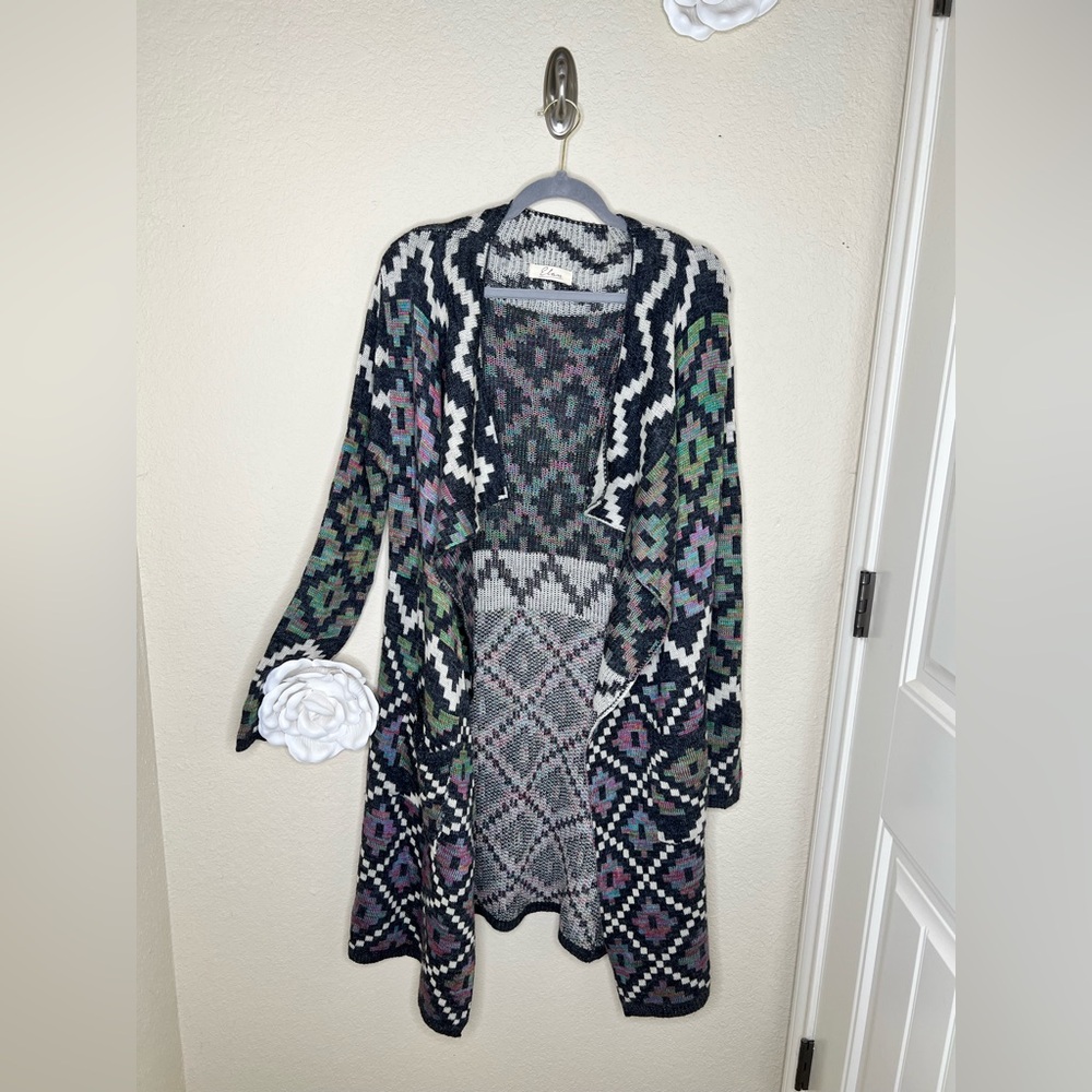 NTM Elan Aztec Southwest Open Front Duster Cardigan Sweater Pockets Boho Small